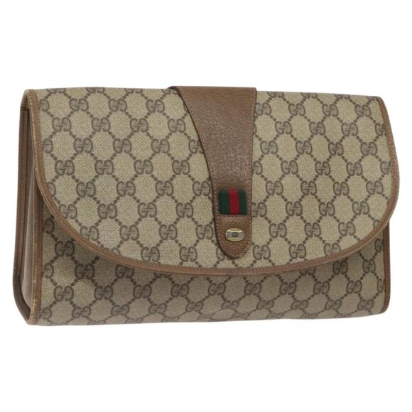 GUCCI GG Supreme Web Sherry Line Clutch Bag PVC Beige Red 89 01 031 Auth 123291 - Picture 1 of 16